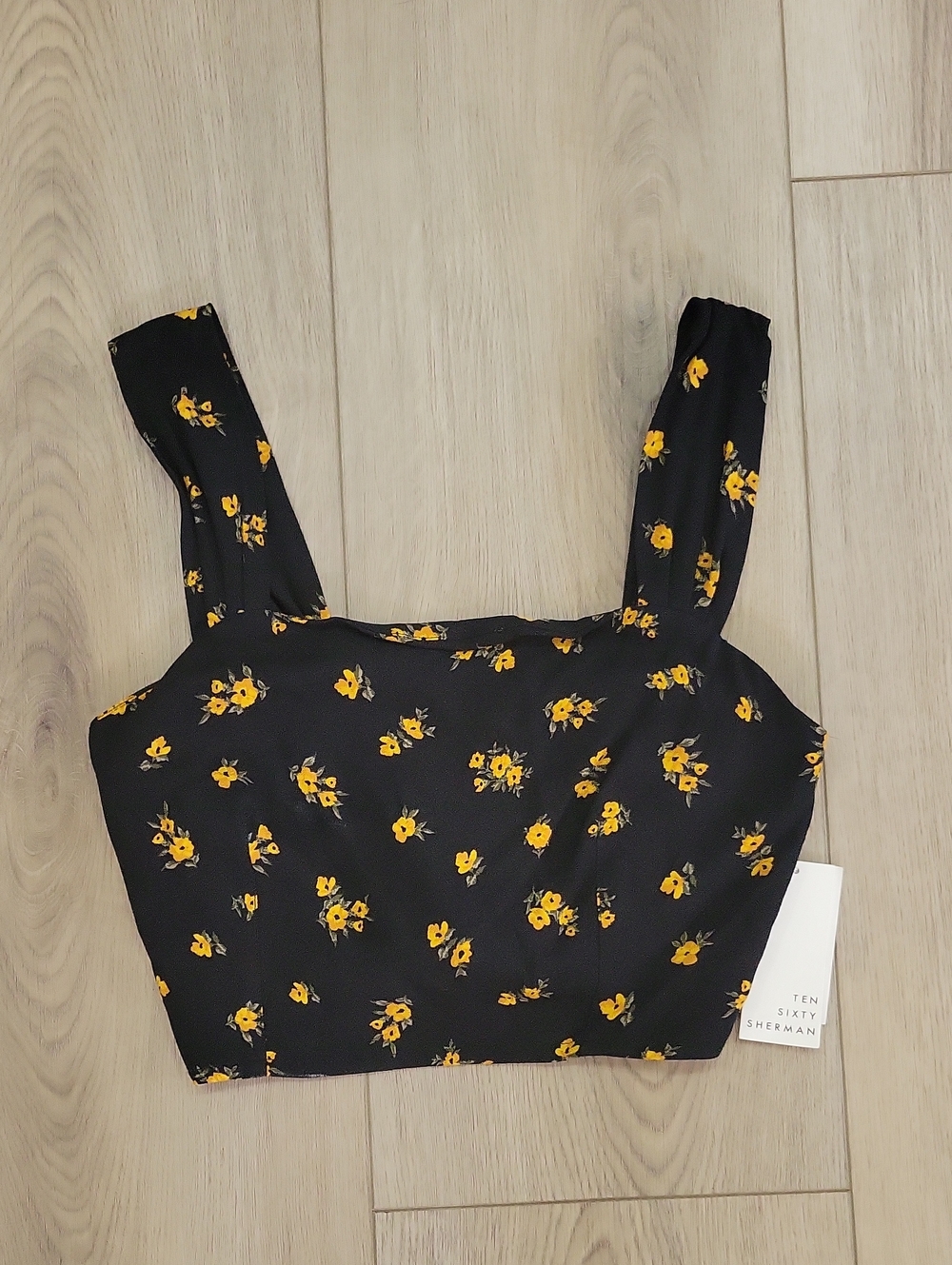 Ten Sixty Sherman Black Crop Top with Yellow Floral Print
